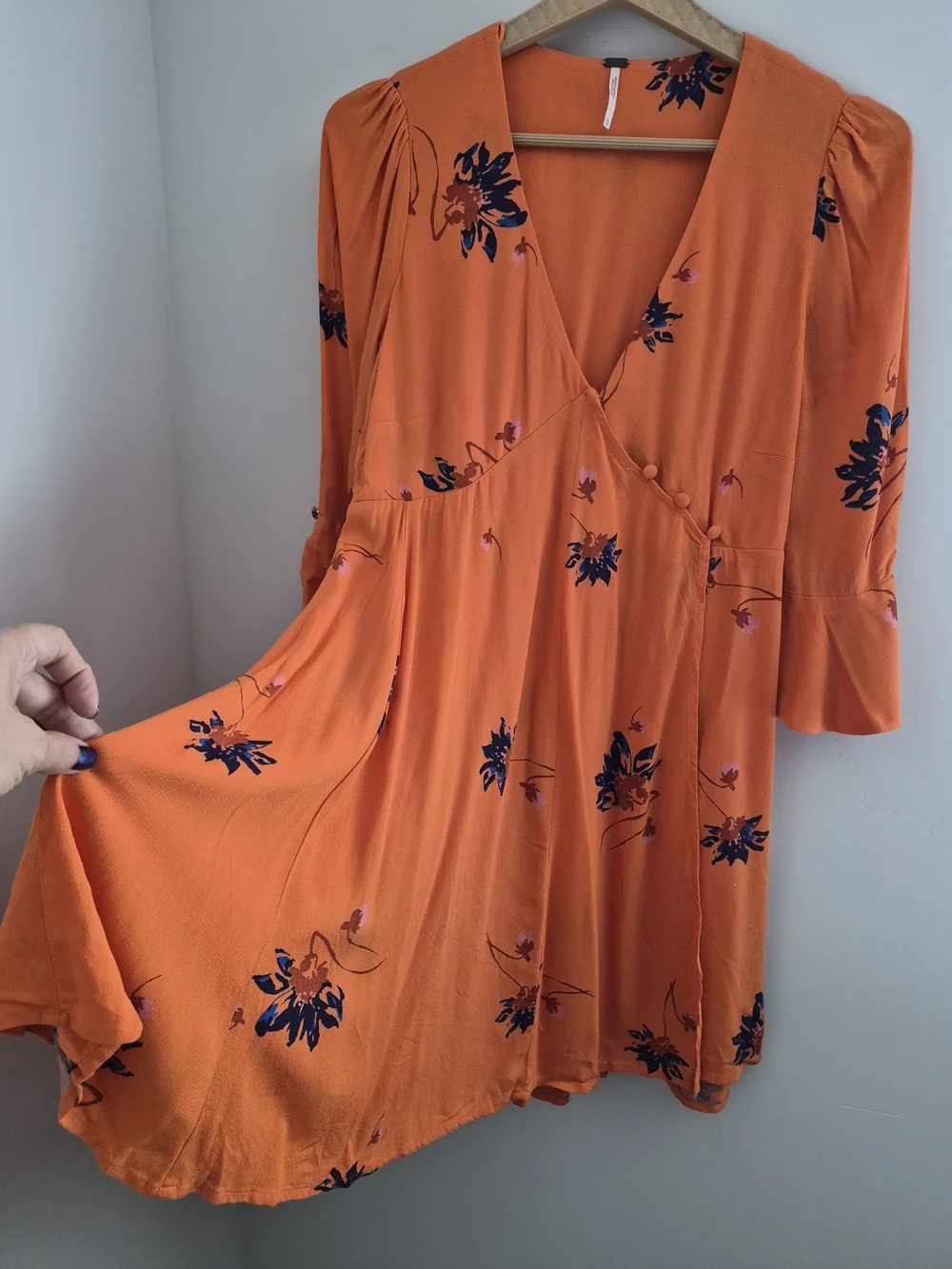 New Free People Orange Floral Wrap Front Bell Sleeve Swing Dress XS
